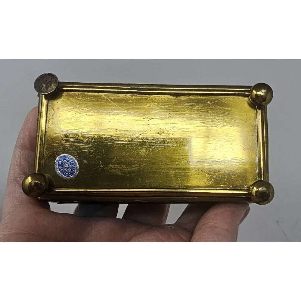 Vtg Brass & Etched Blue Glass Jewelry Trinket Box Footed Mirrored Made In Mexico